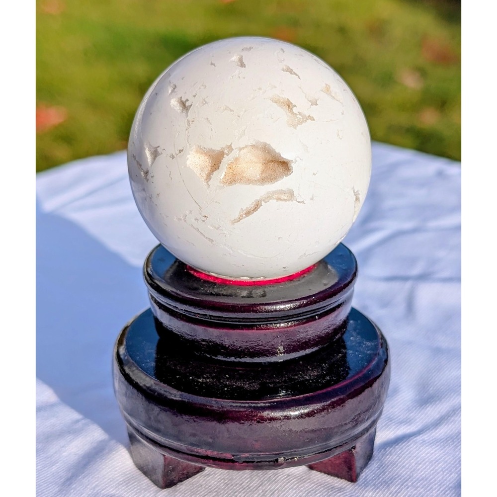 Indonesian White Agate Sphere w/Natural Sparkly Druzy Pockets | 2.3 Inch